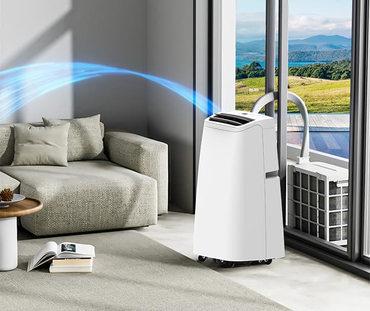 SplitClima S12 Portable Split-Klimaanlage im Wohnzimmer, Ausseneinheit auf der Terrasse